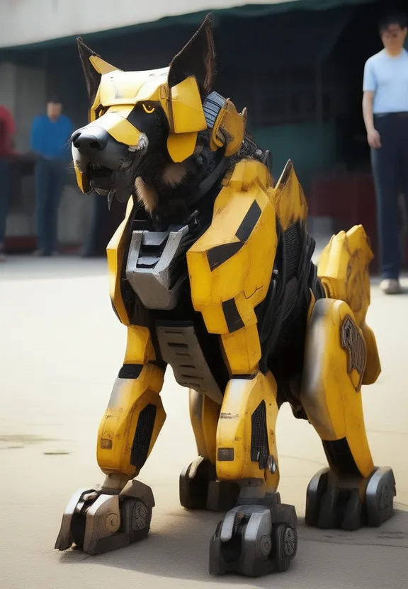a dog made out of a yellow and black robot