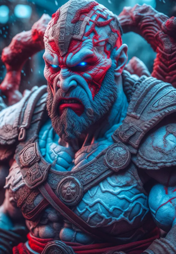 a close up of a statue of a man with red and blue paint on his