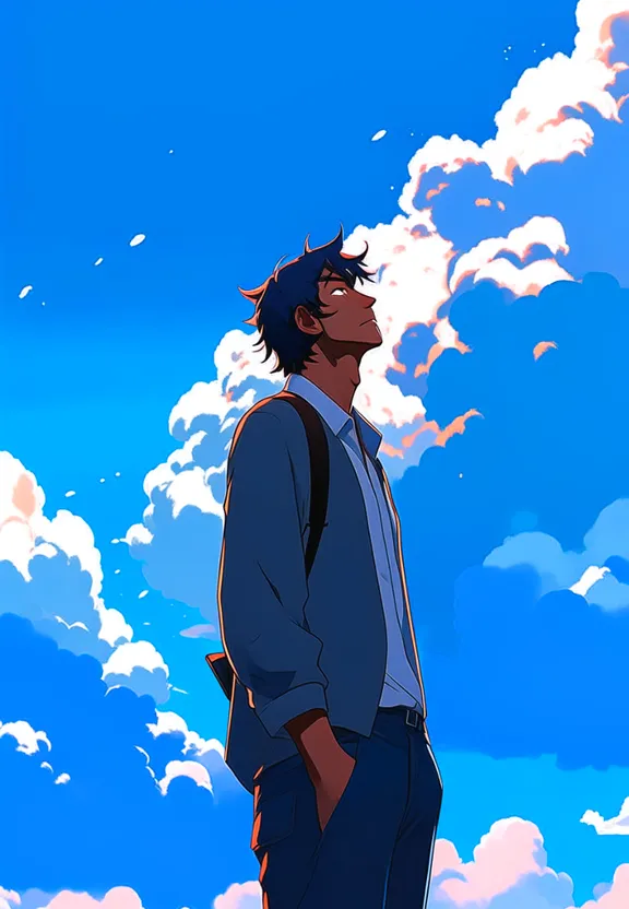 a man standing in front of a cloudy sky