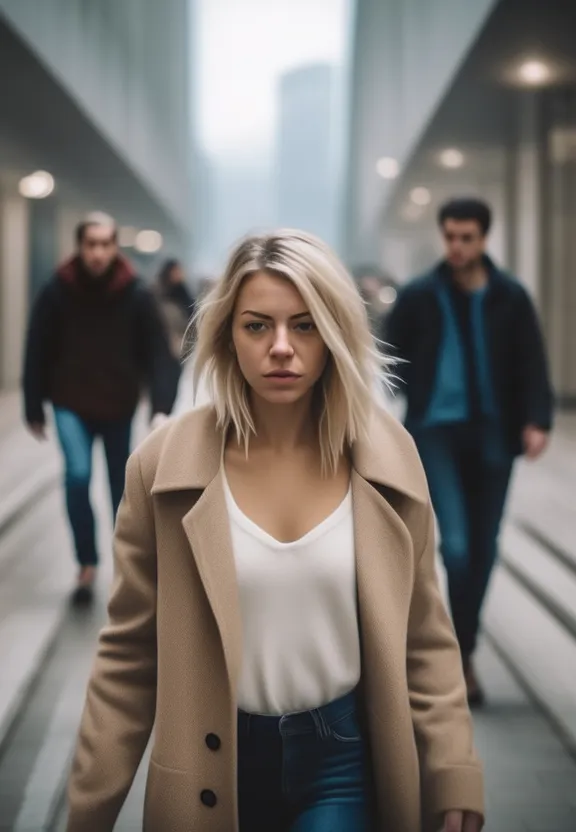 a woman walking down a hallway next to a man