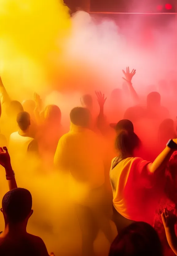 a crowd of people standing around a yellow and red smoke bomb
