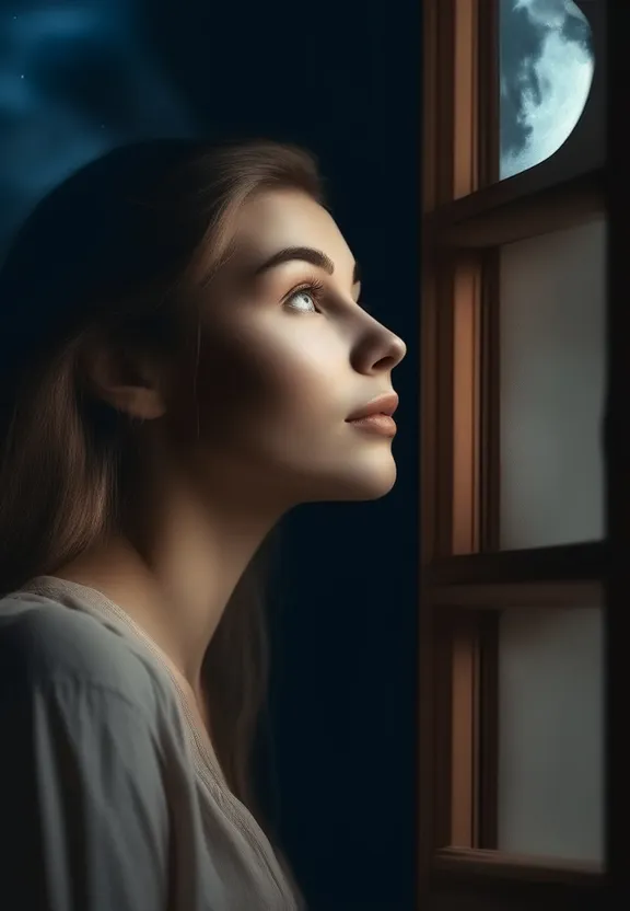 a woman looking out a window at the moon
