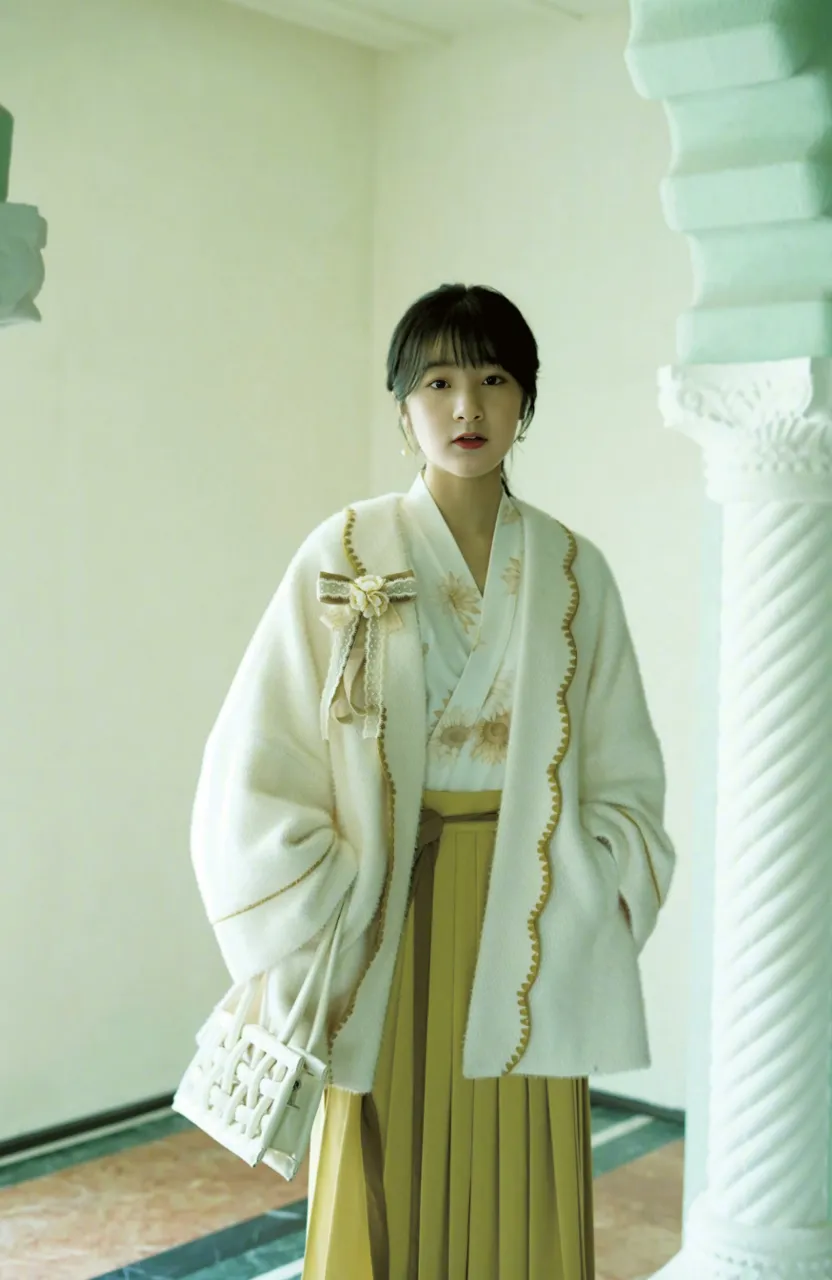 a woman standing in a room wearing a white coat