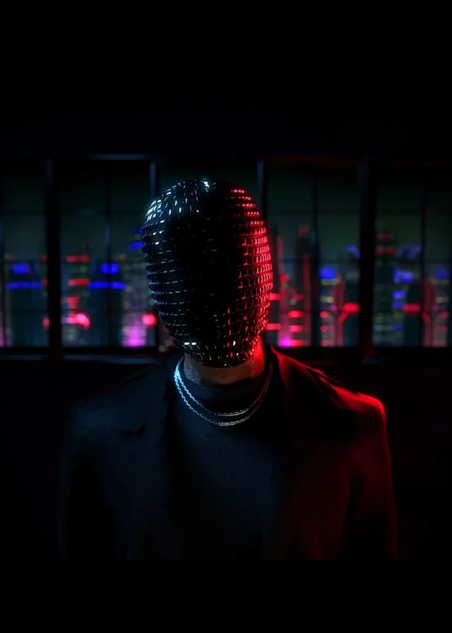 a man in a dark room with a disco mask on