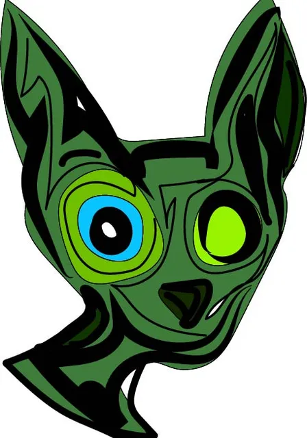 a drawing of a green cat with blue eyes