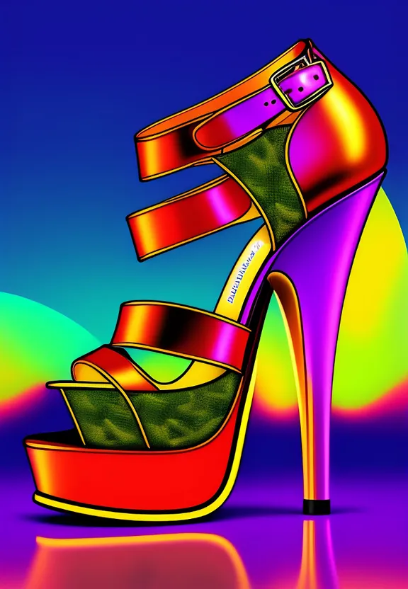 a painting of a high heeled shoe with a colorful background