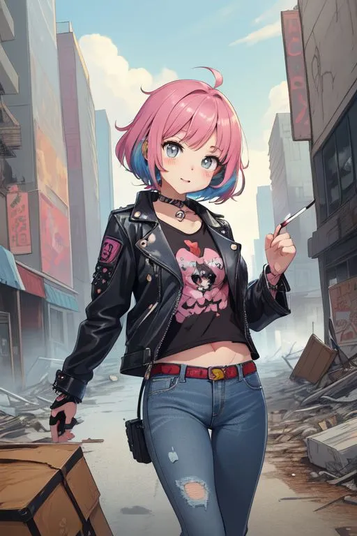 a girl with pink hair is walking down the street