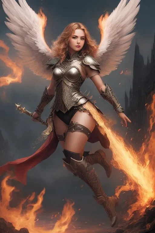 flying woman dressed in armor and holding a sword