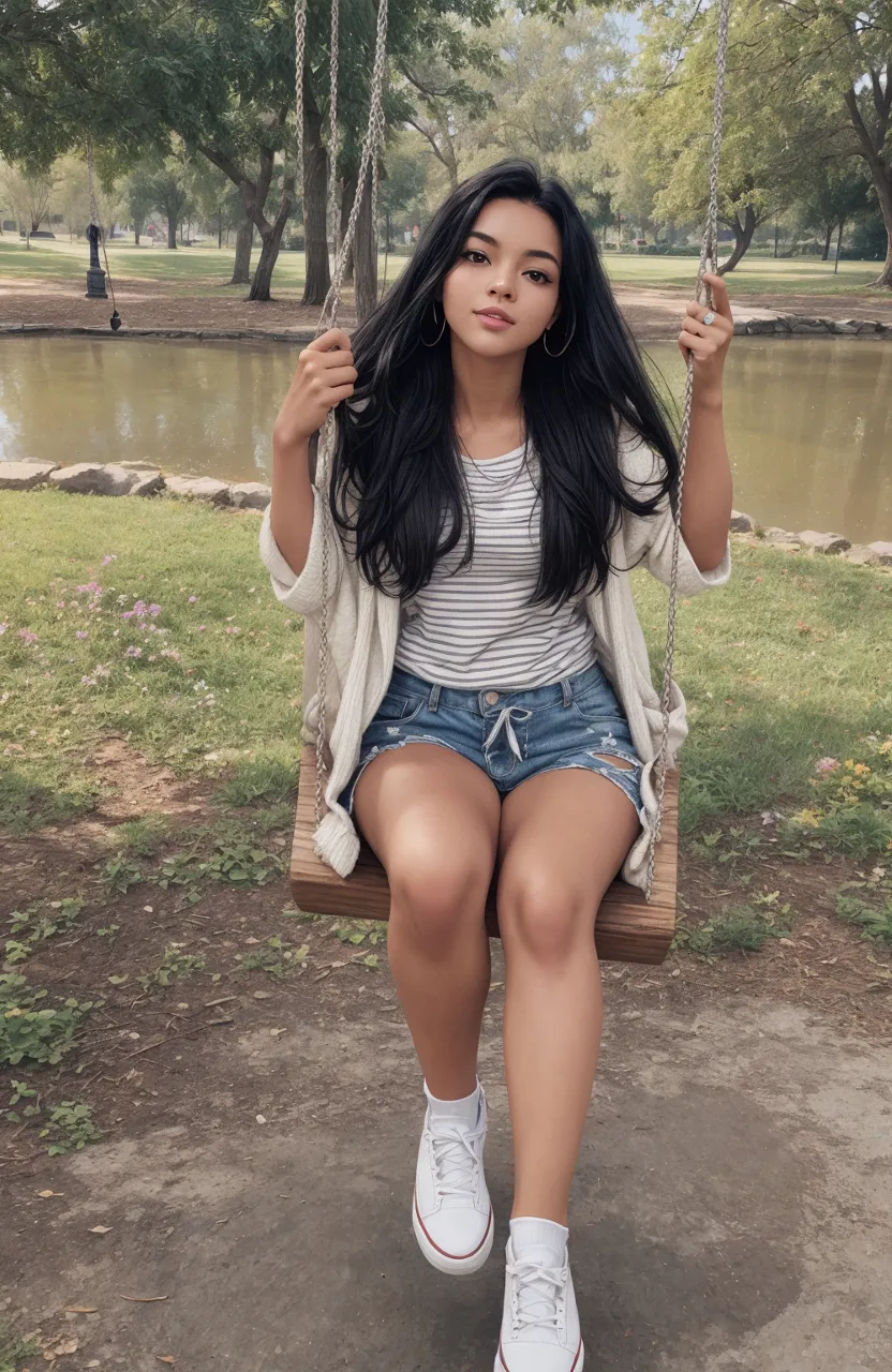 a woman sitting on a swing in a park, perfect face smiling