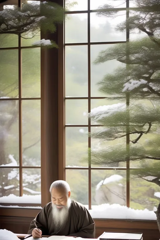 a man sitting at a table in front of a window