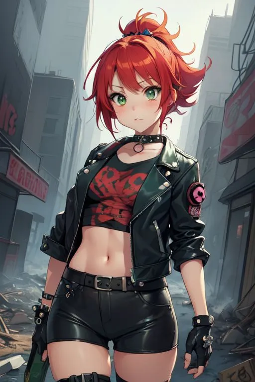 a girl with red hair and green eyes in a leather outfit