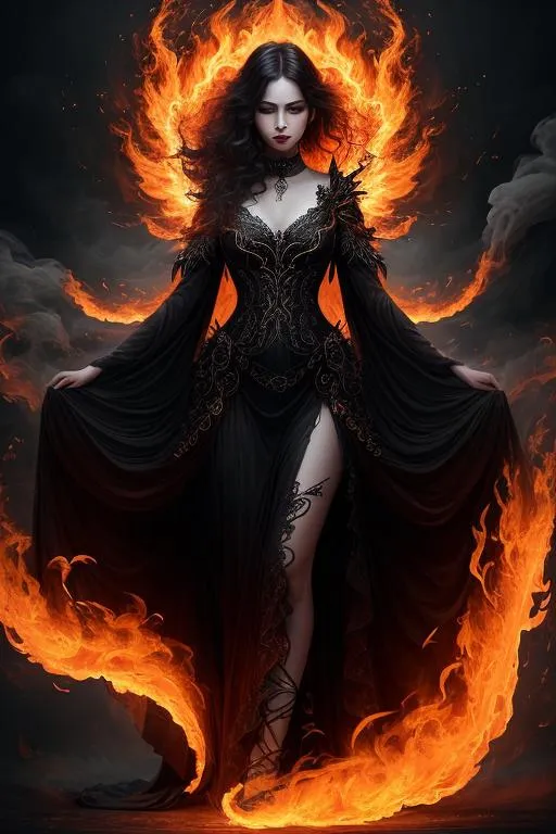 a woman in a black dress with flames around her