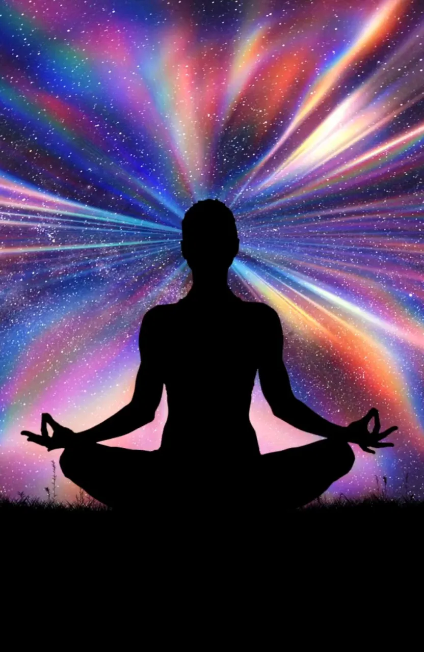 a person sitting in a yoga position in front of a colorful background