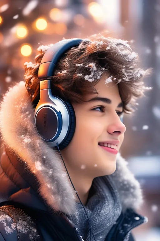 a young man wearing headphones in the snow