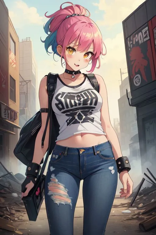 a girl with pink hair is walking down the street