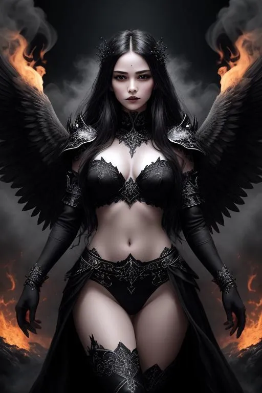 a woman in black costume with wings on her chest