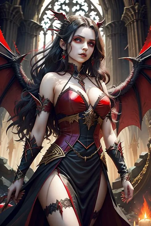 a woman in a red and black outfit with wings