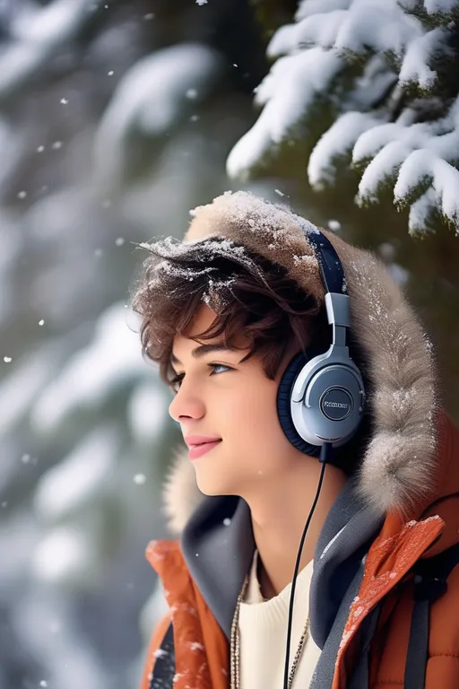 a young man wearing headphones in the snow