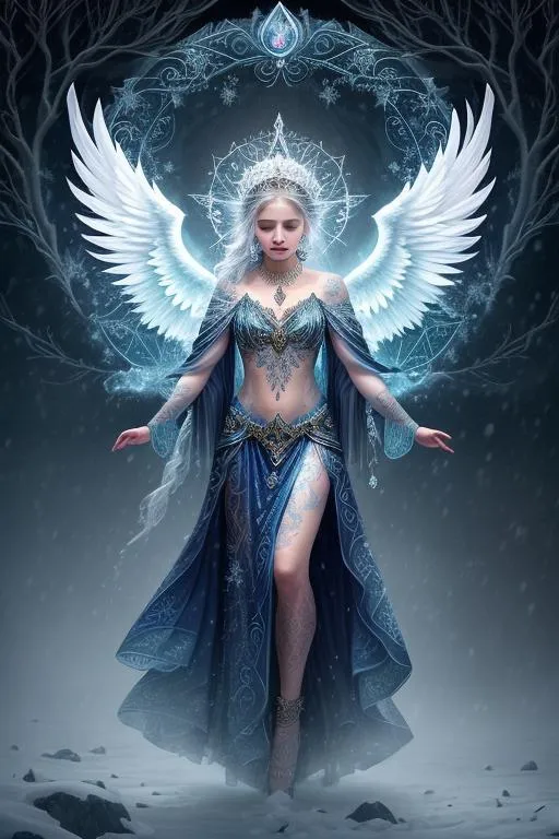 a woman in a blue dress with angel wings