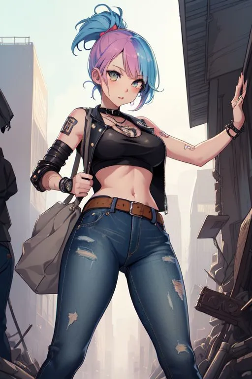 a girl with pink hair and piercings standing in a city