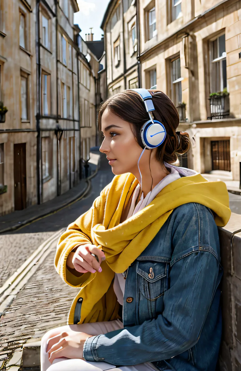 a woman wearing headphones sitting on a wall