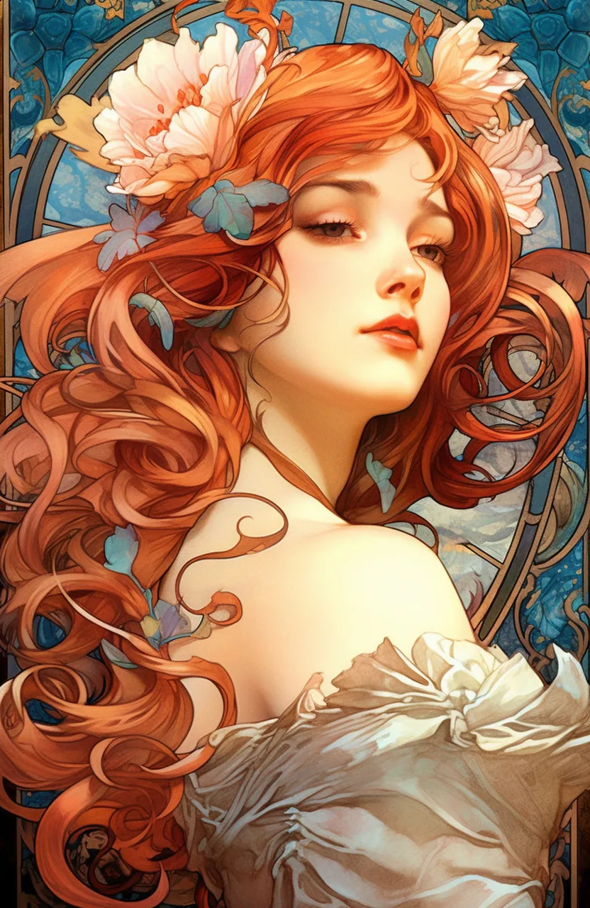 a painting of a woman with red hair and flowers in her hair