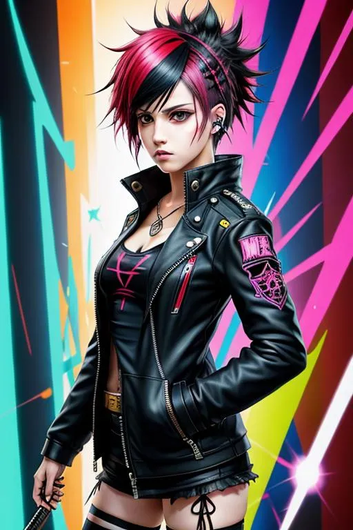 a woman in a black leather jacket holding a knife