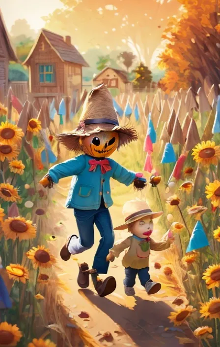 a painting of a scarecrow and a child walking through a field of sunflower