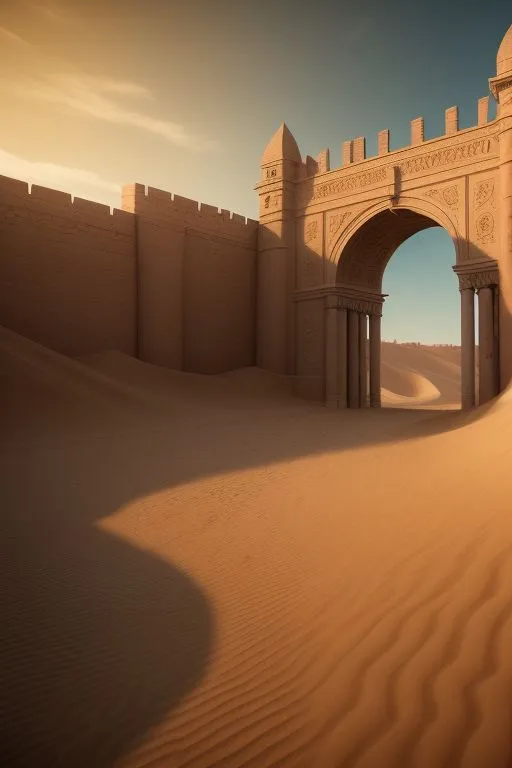 a desert scene with a gate and sand dunes