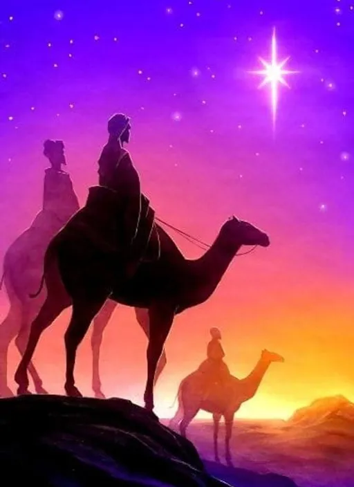 a painting of three people riding camels in the desert on 16.9 aspect ratio