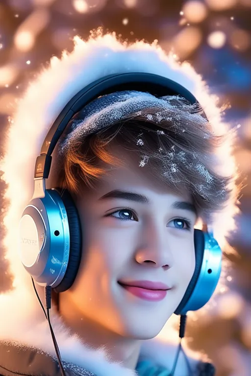 a boy wearing headphones and a fur coat