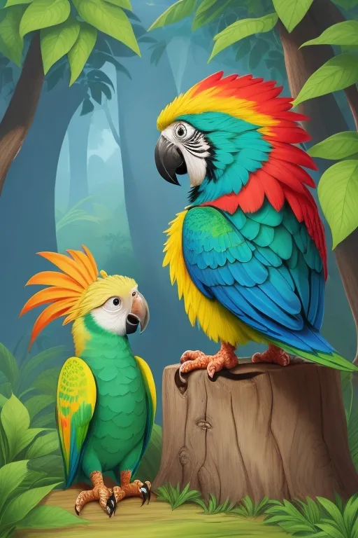 two colorful parrots sitting on a tree stump