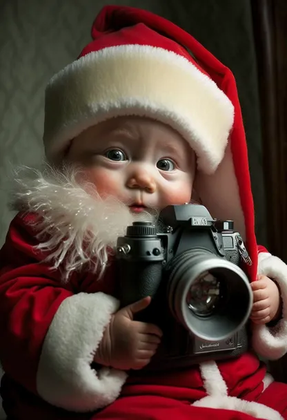 a baby in a santa suit holding a camera. hand, eye, photographer, camera lens, hat, flash photography, digital camera, reflex camera, camera accessory, camera