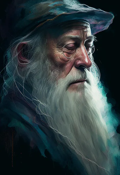 a painting of an old man with a long white beard. beard, jaw, paint, painting, art, wrinkle, facial hair, moustache, artist, self-portrait