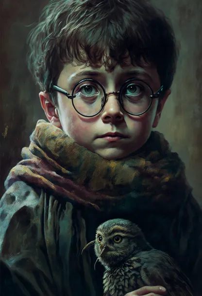 a painting of a boy with glasses holding a owl. nose, glasses, outerwear, bird, vision care, mouth, organ, flash photography, cool, eyewear