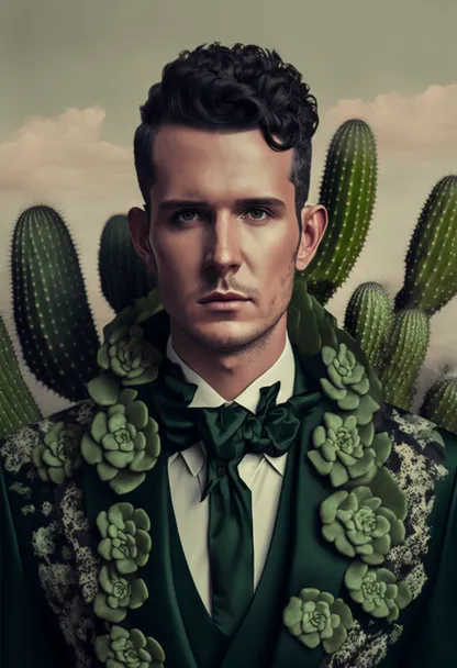 a man wearing a green suit and bow tie. plant, outerwear, photograph, tie, gesture, terrestrial plant, people, formal wear, suit, vintage clothing