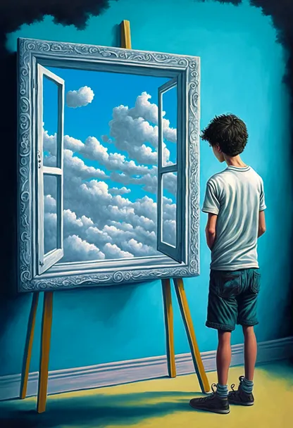 a painting of a boy looking at a window. blue, world, azure, rectangle, shorts, line, art, aqua, electric blue, cloud