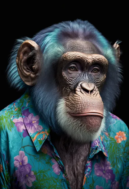 a monkey wearing a blue shirt with flowers on it. primate, mouth, jaw, organism, terrestrial animal, wrinkle, snout, close-up, wildlife, common chimpanzee