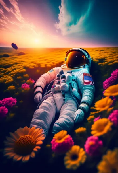 an astronaut is laying in a field of flowers. cloud, sky, flower, ecoregion, people in nature, nature, natural environment, plant, flash photography, sunlight