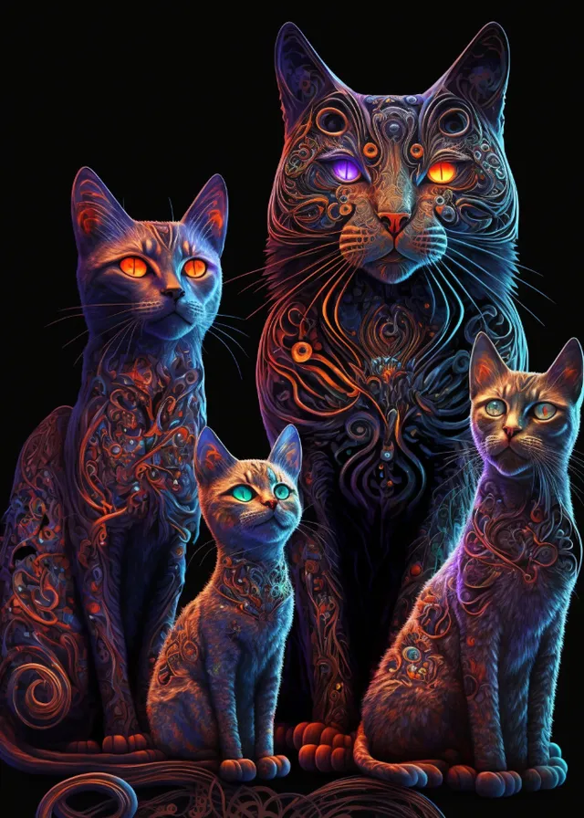 a group of cats sitting next to each other. psychadelic energy swirls within them