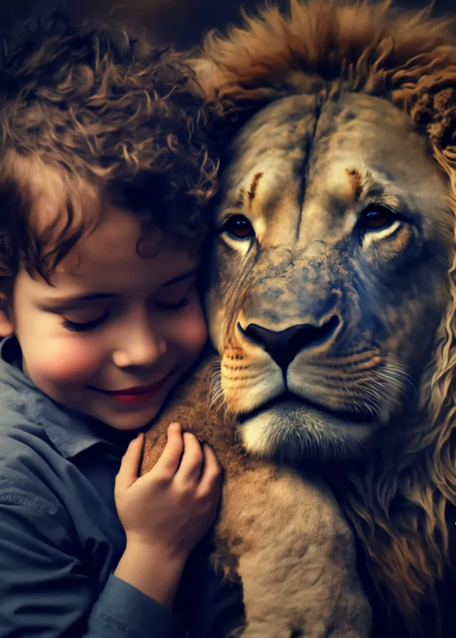 a young boy hugging a stuffed animal lion. nose, skin, head, mouth, eye, facial expression, organ, felidae, carnivore, gesture