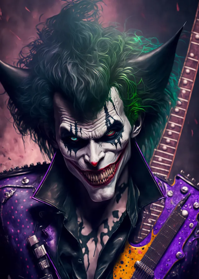 a painting of the joker with a guitar. smile, art, painting, fictional character, cg artwork, darkness, paint, event, drawing, illustration