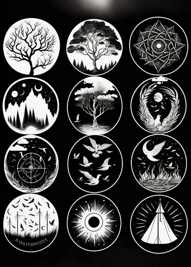 a black and white photo of different types of symbols. plant, wheel, white, automotive tire, black, tire, font, art, rim, tree