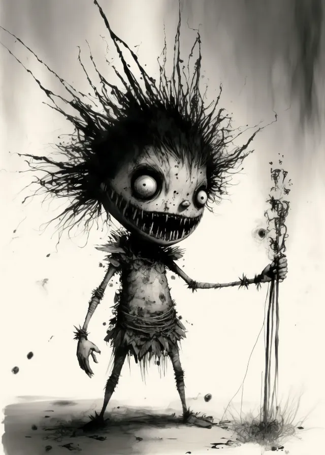 a drawing of a creepy creature holding a stick. head, hand, eye, eyelash, human body, flash photography, black-and-white, style, art, black hair
