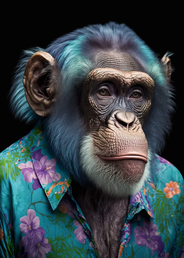 a monkey wearing a blue shirt with flowers on it. primate, vertebrate, mouth, jaw, organism, mammal, wrinkle, terrestrial animal, snout, close-up