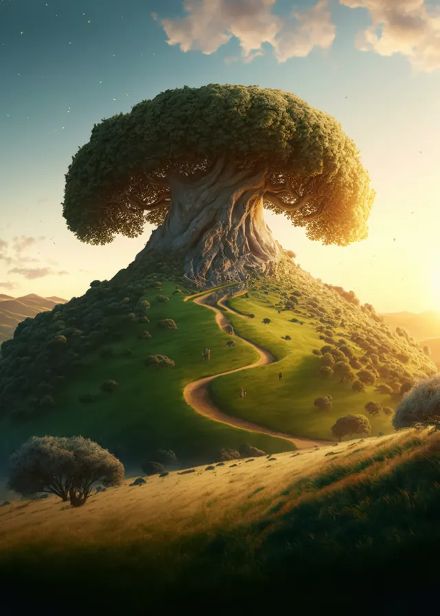 a painting of a tree on top of a hill. cloud, sky, world, natural landscape, body of water, landscape, people in nature, grass, tints and shades, cumulus