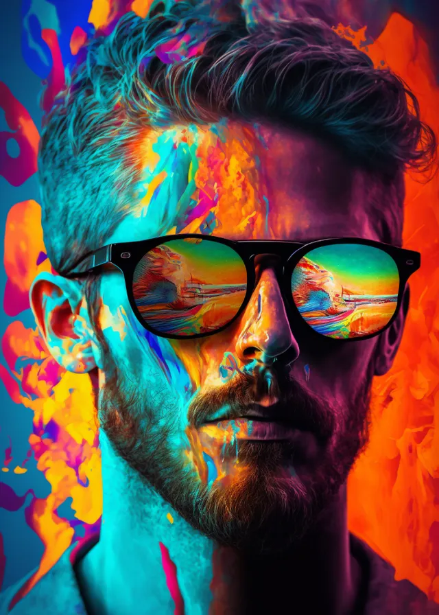 a man wearing sunglasses with a colorful background. glasses, colorfulness, vision care, eyewear, sunglasses, cool, art, beard, artist, magenta