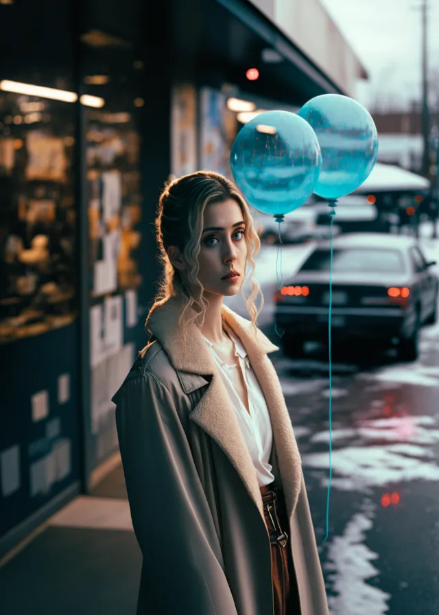 a woman standing on a street corner holding two blue balloons. hairstyle, vehicle, vision care, fashion, infrastructure, car, human, flash photography, automotive design, standing