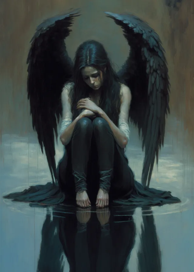 a painting of a woman with black wings sitting on a body of water. art, mythical creature, cg artwork, wing, supernatural creature, darkness, fictional character, fur, visual arts, illustration