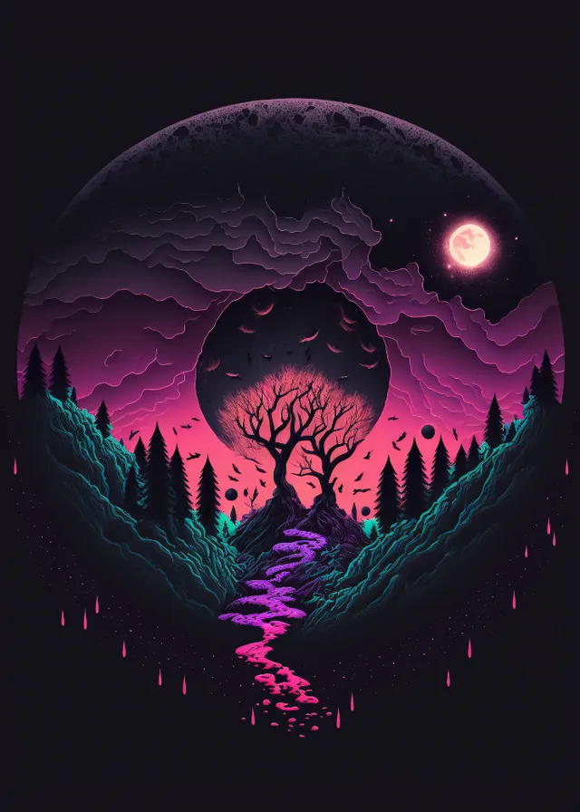 a painting of a landscape with trees and a stream. world, art, font, astronomical object, circle, midnight, magenta, painting, space, event